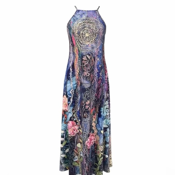 NWOT Floral Print Halter Maxi Dress, Sleeveless Casual Dress - Picture 3 of 3